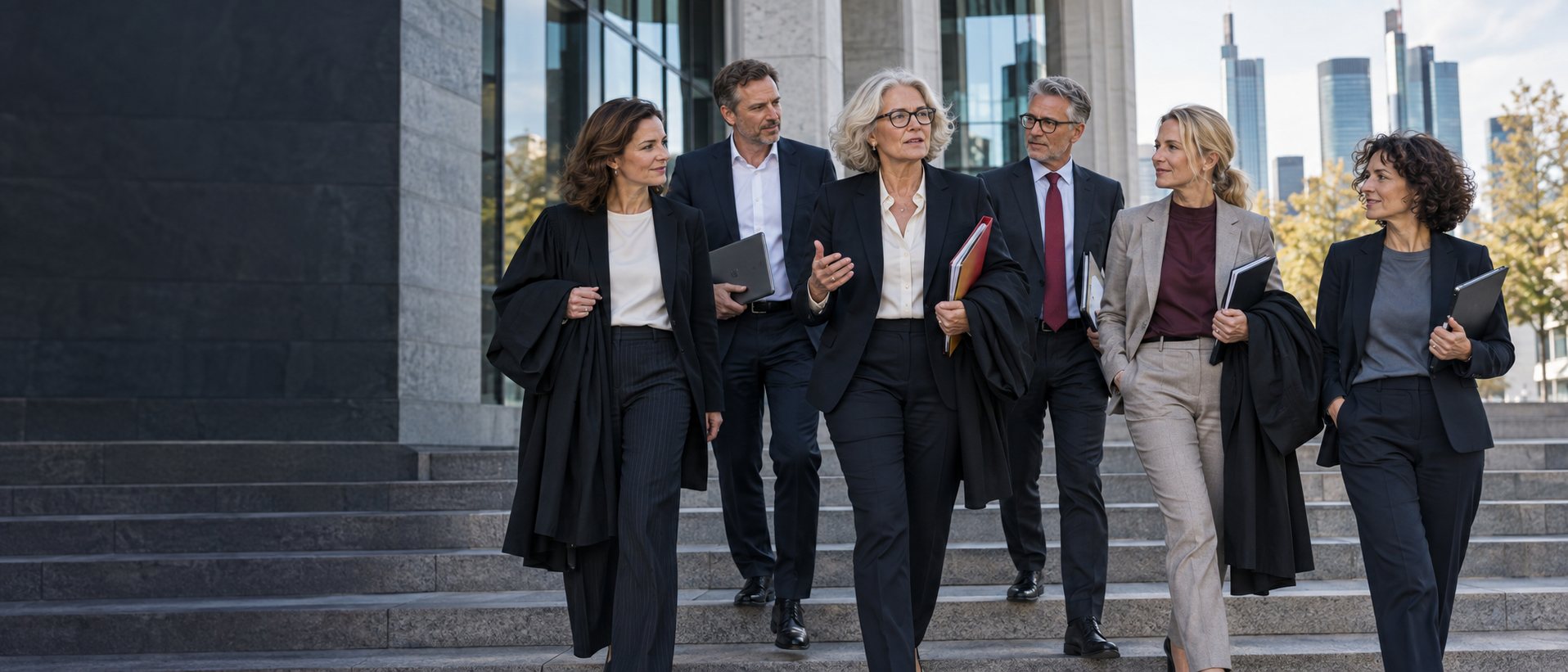 KI-generiertes Bild: Fachanwältinnen und Fachanwälte vor einem Gerichtsgebäude